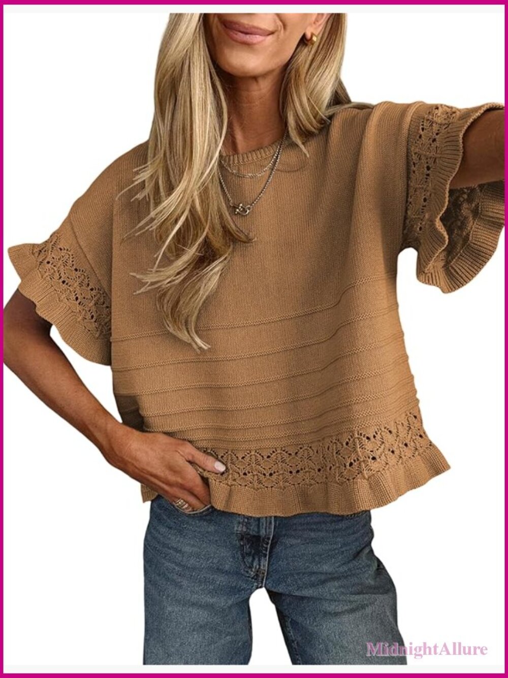 Short Sleeve Crochet Knit Pullover Ruffle Hem Sweater Blouse